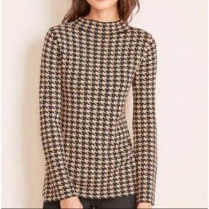 Ann Taylor Womens Small Petite Brown Black Houndstooth Mock Neck Sweater